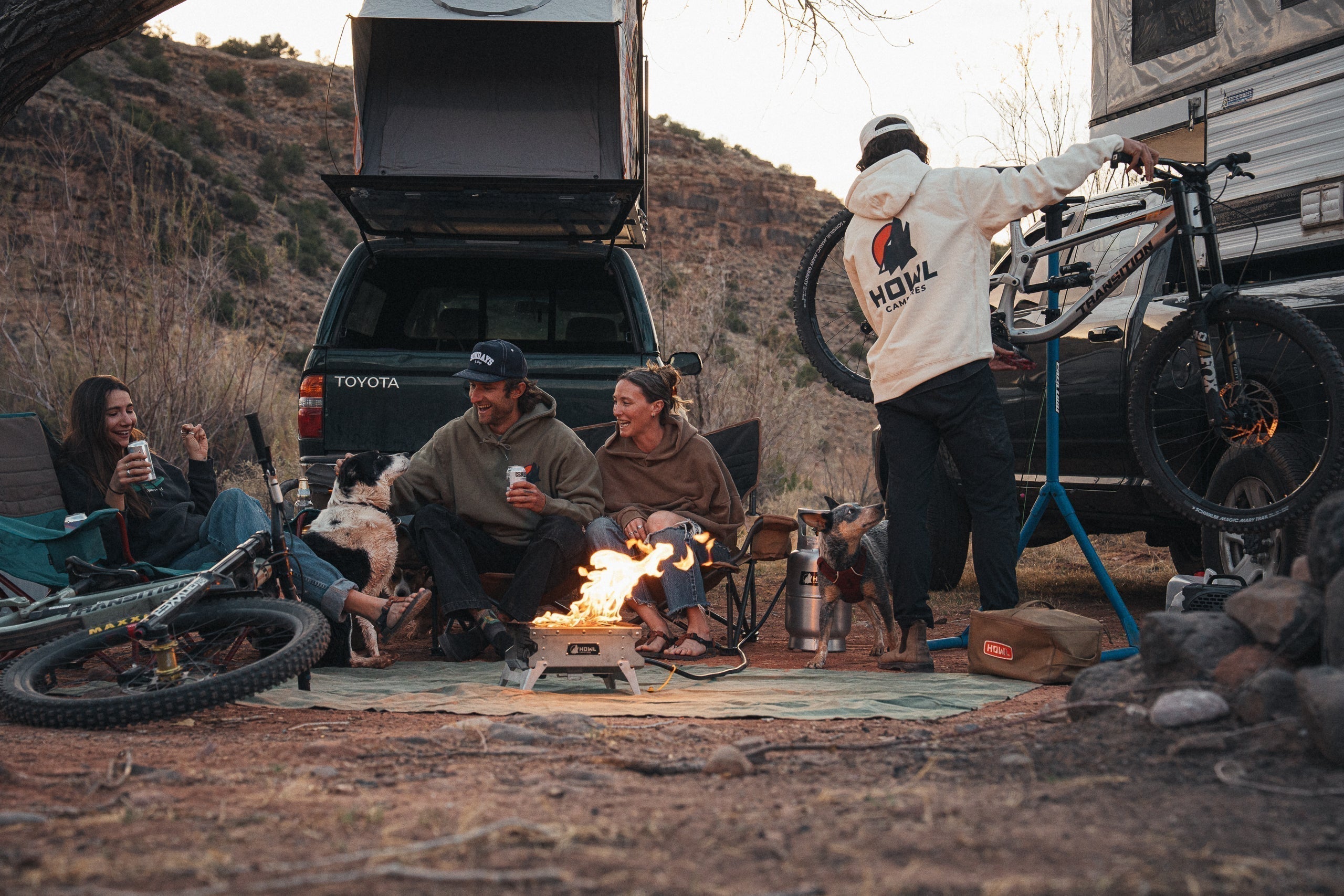 Group camping with a propane fire pit in a burn ban
